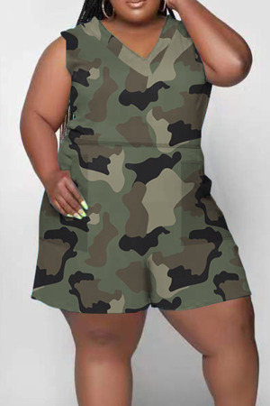 Army Green Casual Print Camouflage Print Patchwork V Neck Plus Size Jumpsuits