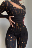 Black Gold Sexy Solid Split Joint See-through V Neck Regular Jumpsuits