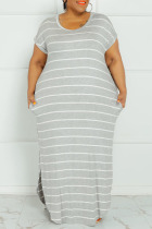 Grey Fashion Casual Plus Size Striped Print Basic O Neck Short Sleeve Dress