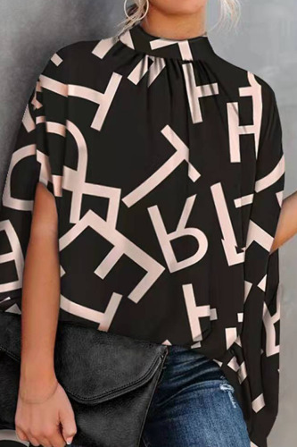 Black Casual Print Patchwork O Neck Tops
