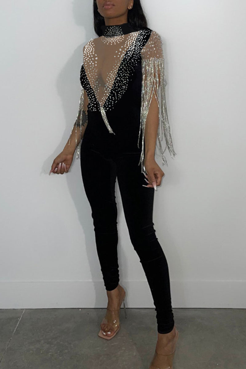 Fashion Black Sexy Solid Tassel Patchwork See Through Hot Drill Half A Turtleneck Skinny 4198