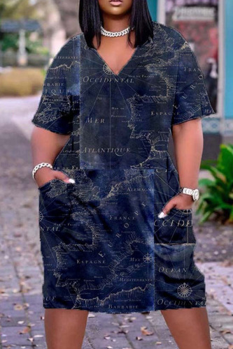 Deep Blue Casual Print Patchwork V Neck Straight Dresses
