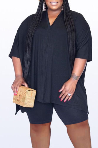 Black Casual Solid Patchwork Slit O Neck Plus Size Two Pieces