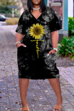 Black Yellow Casual Print Patchwork V Neck Dresses