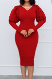 Red Casual Solid Patchwork Beading V Neck One Step Skirt Dresses