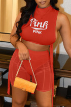 Red Sexy Casual Letter Bandage See-through Mesh O Neck Sleeveless Two Pieces