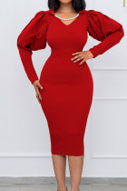 Red Casual Solid Split Joint Beading V Neck One Step Skirt Dresses