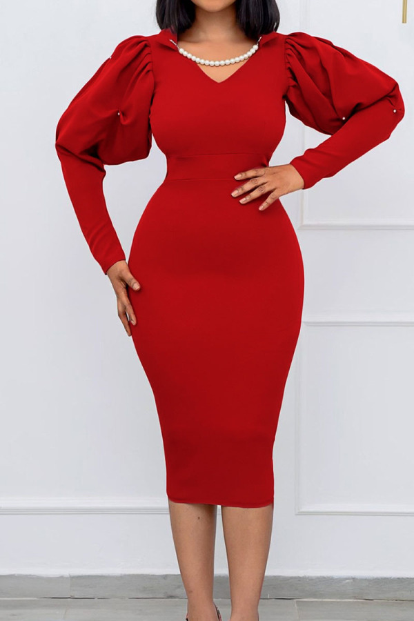 Red Casual Solid Patchwork Beading V Neck One Step Skirt Dresses