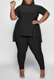 Black Casual Solid Bandage Patchwork Slit O Neck Plus Size Two Pieces
