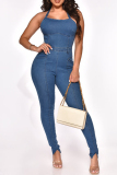 Light Blue Fashion Casual Solid Patchwork Backless Spaghetti Strap Skinny Jumpsuits
