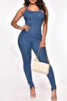 Blue Fashion Casual Solid Patchwork Backless Spaghetti Strap Skinny Jumpsuits