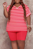 Sky Blue Casual Striped Patchwork V Neck Plus Size Two Pieces