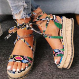 Green Fashion Casual Bandage Patchwork Round Comfortable Wedges Shoes