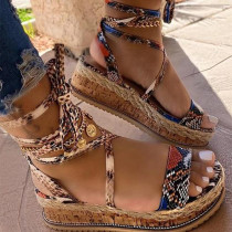 Khaki Fashion Casual Bandage Patchwork Round Comfortable Wedges Shoes