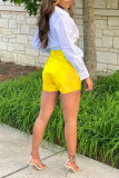 Yellow Fashion Casual Solid Patchwork Regular High Waist Shorts
