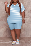 Sky Blue Casual Striped Patchwork V Neck Plus Size Two Pieces