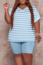 Sky Blue Casual Striped Split Joint V Neck Plus Size Two Pieces