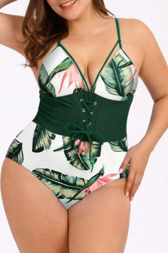 Green Fashion Sexy Print Patchwork Backless Swimwears (With Paddings)