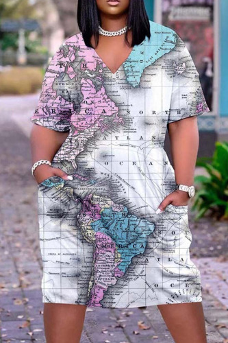 Grey Casual Print Patchwork V Neck Straight Dresses