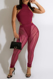 Burgundy Sexy Solid Patchwork See-through O Neck Sleeveless Two Pieces