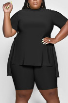 Black Casual Solid Split Joint Slit O Neck Plus Size Two Pieces