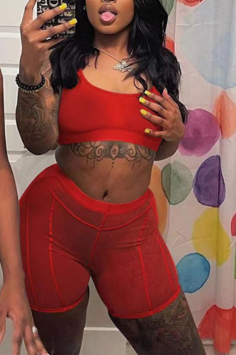 Red Sexy Solid Patchwork See-through U Neck Sleeveless Two Pieces