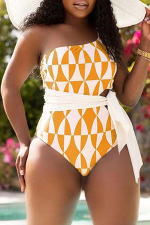 Yellow Fashion Print Bandage Hollowed Out Patchwork Backless Swimwears (Without Paddings)