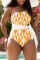 Blue Fashion Print Bandage Hollowed Out Patchwork Backless Swimwears (Without Paddings)
