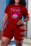 Burgundy Fashion Casual Letter Lips Printed Ripped O Neck Plus Size Two Pieces