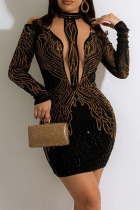 Gold Sexy Solid Patchwork See-through Hot Drill O Neck Pencil Skirt Dresses