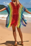 Black Rainbow Multicolor Sexy Tassel Fishnet See through Swimwears Cover Up