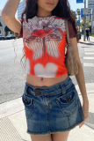 Red Sexy Print Patchwork O Neck T-Shirts