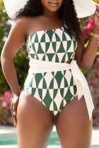 Green Fashion Print Bandage Hollowed Out Split Joint Backless Swimwears (Without Paddings)