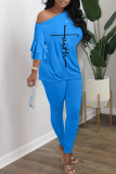 Blue Casual Print Patchwork O Neck Half Sleeve Two Pieces