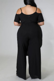 Black Casual Solid Patchwork Asymmetrical Spaghetti Strap Plus Size Two Pieces