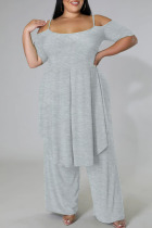 Grey Casual Solid Patchwork Asymmetrical Spaghetti Strap Plus Size Two Pieces