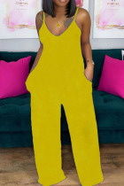 Yellow Casual Solid Split Joint Spaghetti Strap Loose Jumpsuits