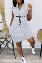 Grey Fashion Casual Print Patchwork V Neck Sleeveless Dress