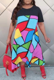 Multicolor Fashion Casual Print Patchwork O Neck Short Sleeve Dress