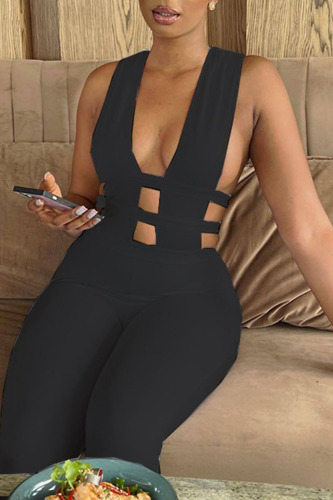 Black Sexy Solid Hollowed Out Patchwork Asymmetrical Collar Regular Jumpsuits