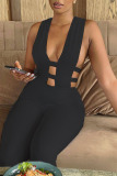 Black Sexy Solid Hollowed Out Patchwork Asymmetrical Collar Regular Jumpsuits