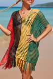 Rainbow Color Rainbow Multicolor Sexy Tassel Fishnet See through Swimwears Cover Up