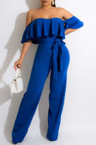 Blue Fashion Casual Solid Split Joint Backless Off the Shoulder Regular Jumpsuits