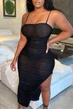Black Sexy Plus Size Solid See-through Backless Slit Spaghetti Strap Sleeveless Dress