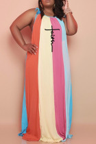 Colour Fashion Casual Plus Size Striped Print Bandage Spaghetti Strap Long Dress