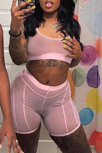 Pink Sexy Solid Patchwork See-through U Neck Sleeveless Two Pieces