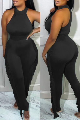 Black Fashion Casual Solid Tassel Patchwork O Neck Sleeveless Two Pieces