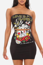 Black Sexy Print Patchwork Strapless Sleeveless Two Pieces