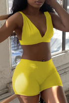 Yellow Sexy Solid Split Joint V Neck Sleeveless Two Pieces
