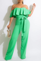 Green Fashion Casual Solid Split Joint Backless Off the Shoulder Regular Jumpsuits